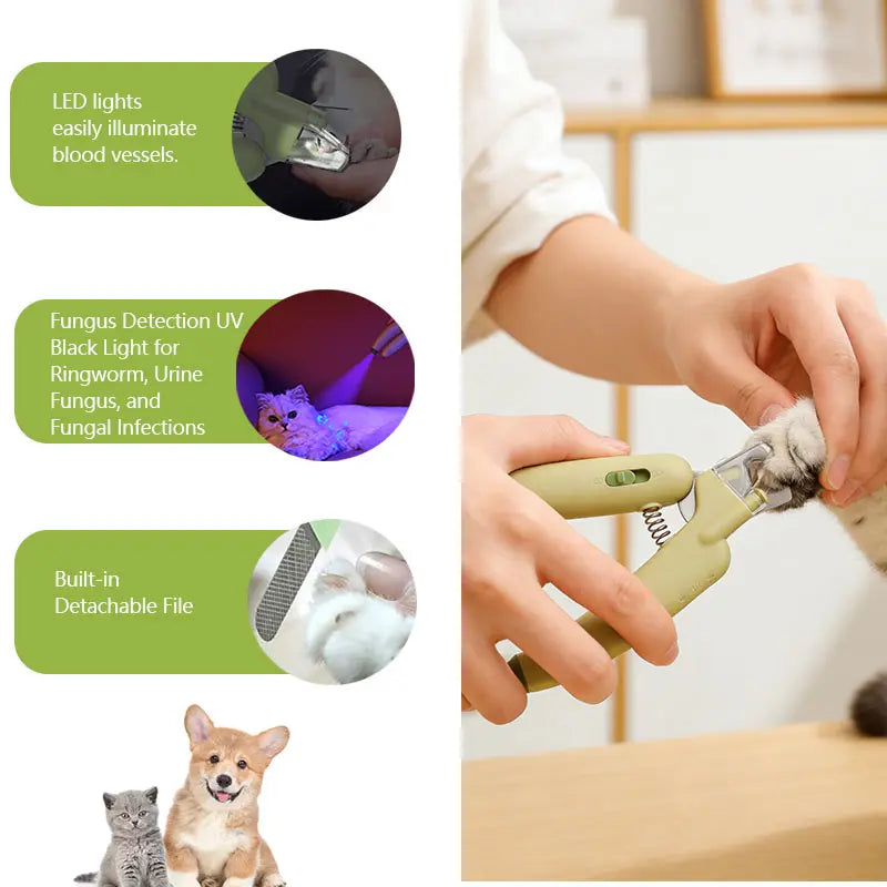 Professional Pet Nail Trimmer with LED Light and UV Lamp, Safe and Efficient Grooming, Sharp Blades, Integrated Nail File, Nail Collector, Ergonomic Non-Slip Handle for All Pet Sizes