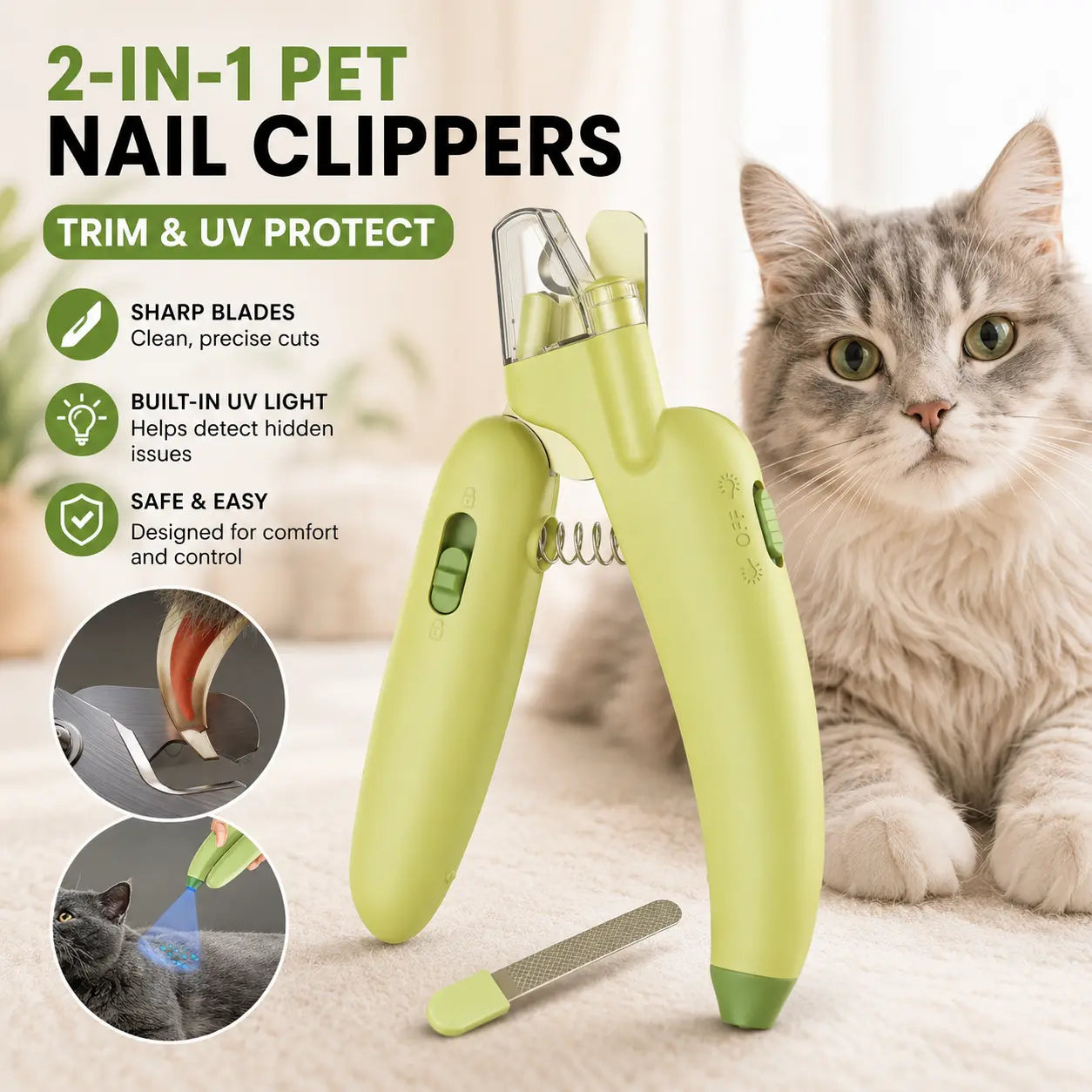 Professional Pet Nail Trimmer with LED Light and UV Lamp, Safe and Efficient Grooming, Sharp Blades, Integrated Nail File, Nail Collector, Ergonomic Non-Slip Handle for All Pet Sizes